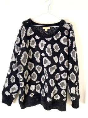 MICHAEL Michael Kors Black Silver Metallic Leopard Fuzzy Knit Sweater